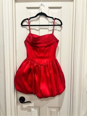 Red Satin Bubble Hem Spaghetti Strap HOCO Dress with pockets